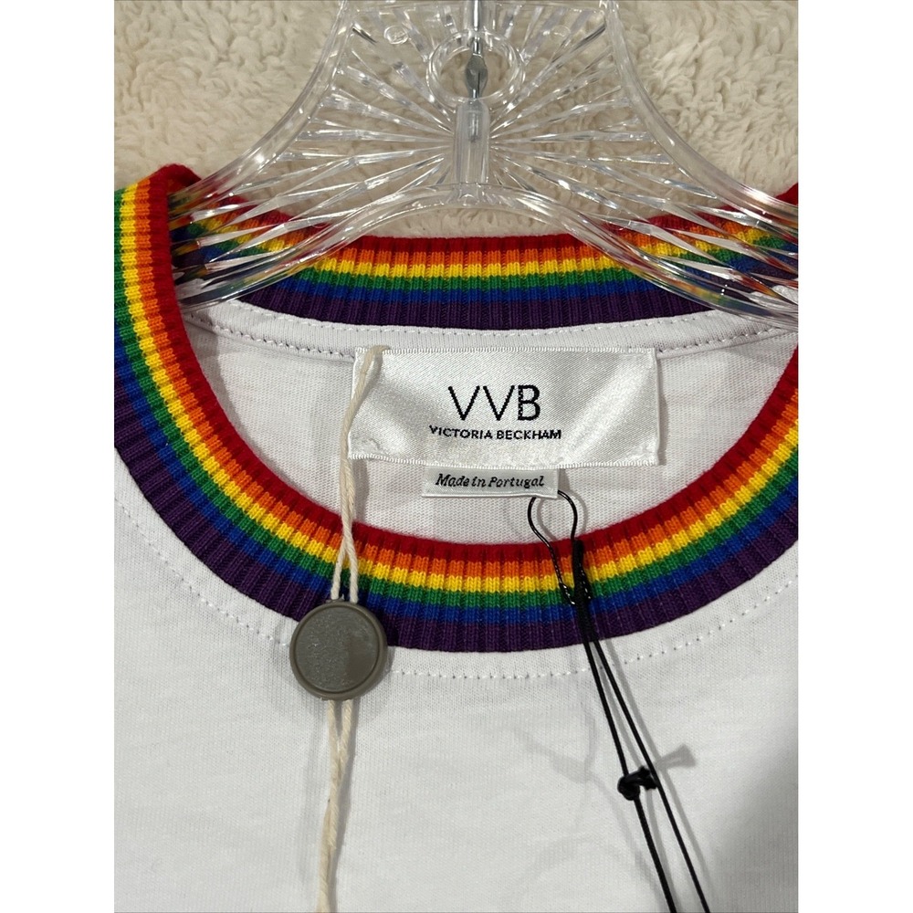NWT $195 VICTORIA BECKHAM Organic Cotton-jersey T-Shirt Striped Neckline/XS - Picture 5 of 7